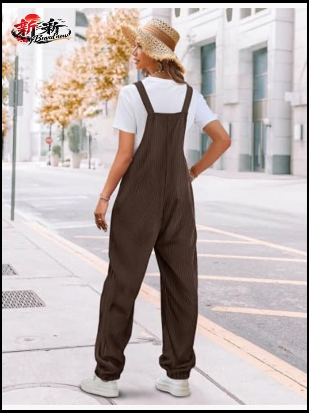 Women's Corduroy Overalls Sleeveless Adjustable Straps Loose Fit Harem Jumpsuit - Picture 4 of 7
